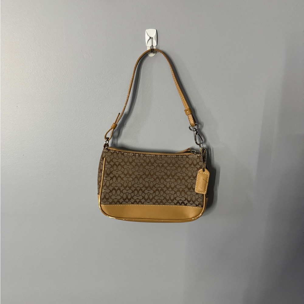 Coach Signature Demi mini Pouch Hand Bag Canvas Leather Beige Used AUTH a2j-6094